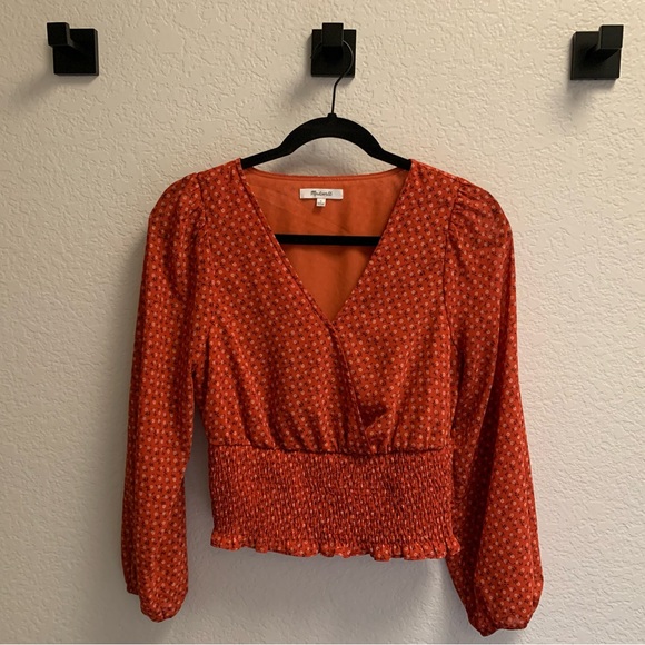 Madewell Red Patterned V-Neck Blouse - Picture 1 of 2